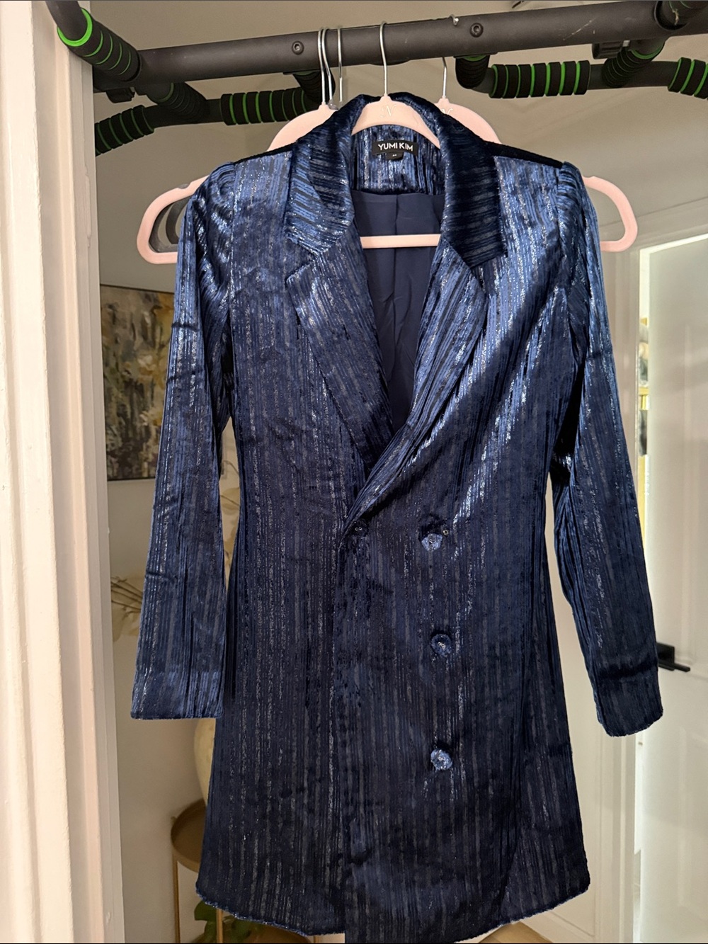 Yumi Kim Navy Blue Textured Velvet Double-Breasted Blazer Coat